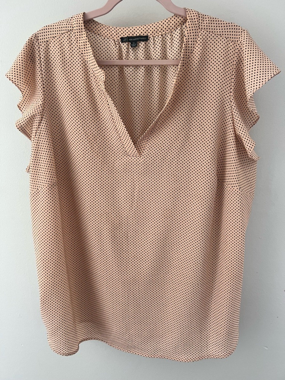 Adrianna Papell Peach Polka Dot Flutter Sleeve V-Neck Top